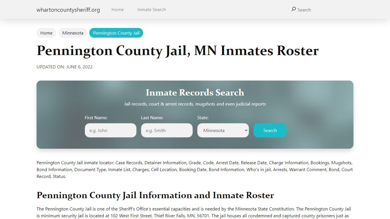 Pennington County Jail, MN Jail Roster, Name Search